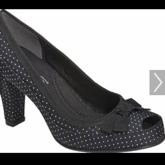 Aerosoles SZ 9 Benefit Black Polka Dot Peep Toe Heels 50's Bow Pin Up Office - Picture 1 of 12
